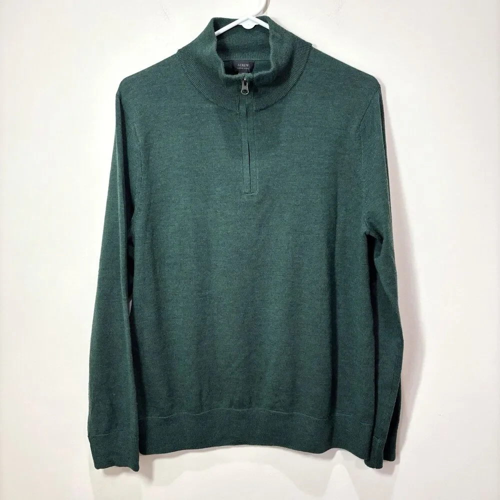 J Crew 100% Merino Wool 1/4 Zip Pullover Dark Green Men M Preppy Quiet Luxury